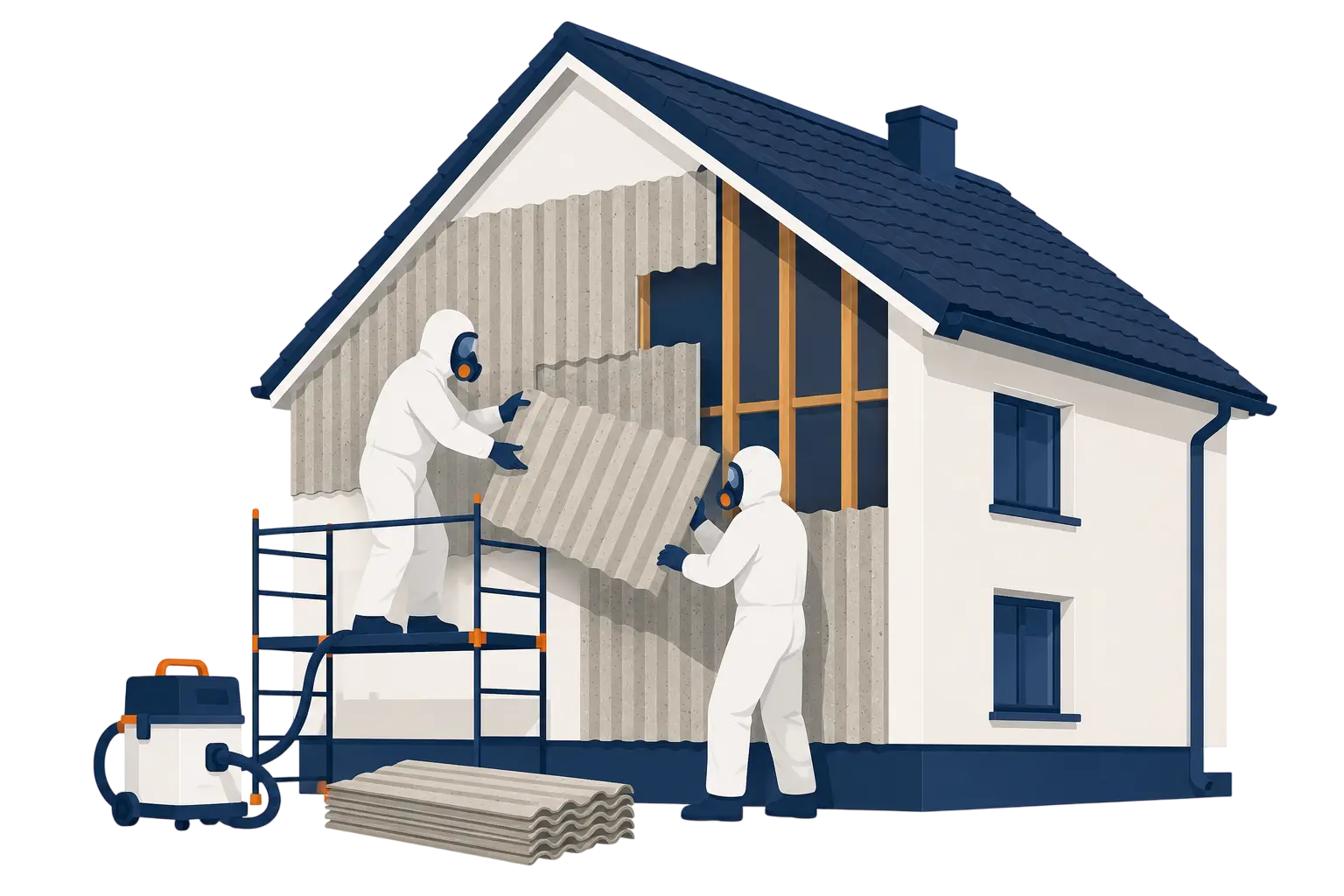 Illustration eines Wohnhauses mit gekennzeichneten Asbest- und Sanierungsbereichen